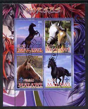 Malawi 2008 Horses perf sheetlet containing 4 values, each with Scout logo fine cto used, stamps on animals, stamps on horses, stamps on scouts
