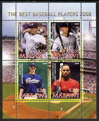 Malawi 2008 The Best Baseball Players perf sheetlet containing 4 values, fine cto used, stamps on sport, stamps on baseball, stamps on personalities