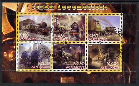 Malawi 2008 Steam Locomotives perf sheetlet containing 6 values fine cto used, stamps on railways