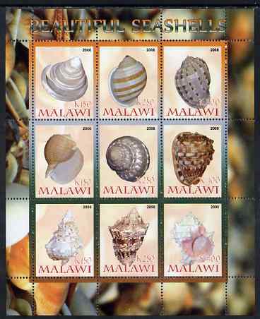 Malawi 2008 Sea Shells perf sheetlet containing 9 values unmounted mint, stamps on , stamps on  stamps on shells, stamps on  stamps on marine life