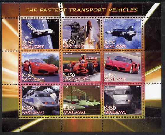 Malawi 2008 Fastest Transport Vehicles (Shuttle, Ferrari & TGV) perf sheetlet containing 9 values unmounted mint, stamps on transport, stamps on aviation, stamps on shuttle, stamps on cars, stamps on ferrari, stamps on railways