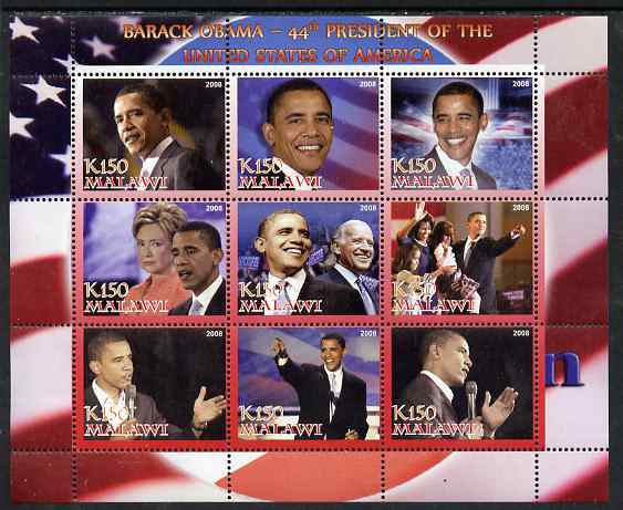 Malawi 2008 Barack Obama - 44th President of the USA perf sheetlet containing 9 values unmounted mint, stamps on personalities, stamps on obama, stamps on usa presidents, stamps on constitutions, stamps on americana