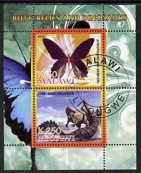Malawi 2008 Butterflies & Dinosaurs #4 perf sheetlet containing 2 values fine cto used, stamps on butterflies, stamps on dinosaurs