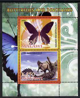 Malawi 2008 Butterflies & Dinosaurs #4 perf sheetlet containing 2 values unmounted mint, stamps on butterflies, stamps on dinosaurs
