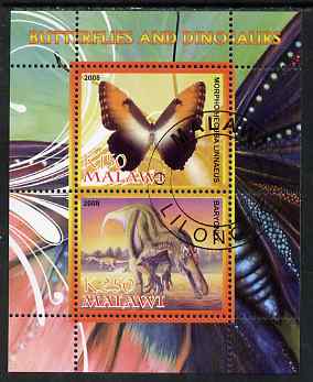 Malawi 2008 Butterflies & Dinosaurs #6 perf sheetlet containing 2 values fine cto used, stamps on butterflies, stamps on dinosaurs