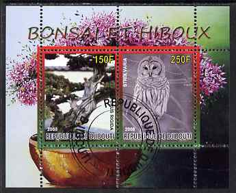 Djibouti 2008 Bonsai & Owls #1 perf sheetlet containing 2 values fine cto used, stamps on flowers, stamps on bonsai, stamps on owls, stamps on birds, stamps on birds of prey