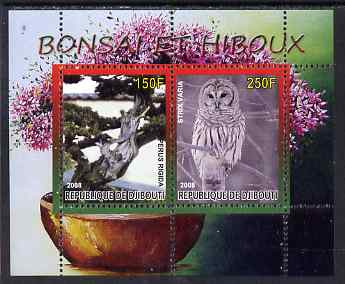 Djibouti 2008 Bonsai & Owls #1 perf sheetlet containing 2 values unmounted mint, stamps on flowers, stamps on bonsai, stamps on owls, stamps on birds, stamps on birds of prey