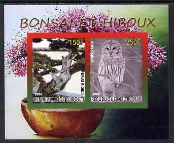 Djibouti 2008 Bonsai & Owls #1 imperf sheetlet containing 2 values unmounted mint, stamps on flowers, stamps on bonsai, stamps on owls, stamps on birds, stamps on birds of prey