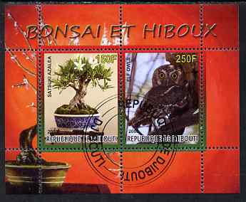 Djibouti 2008 Bonsai & Owls #2 perf sheetlet containing 2 values fine cto used, stamps on flowers, stamps on bonsai, stamps on owls, stamps on birds, stamps on birds of prey