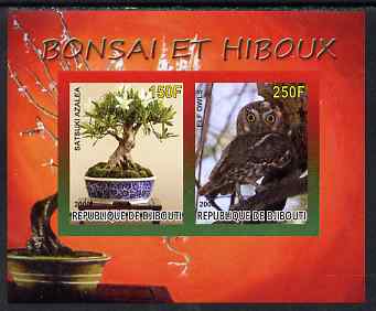 Djibouti 2008 Bonsai & Owls #2 imperf sheetlet containing 2 values unmounted mint, stamps on , stamps on  stamps on flowers, stamps on  stamps on bonsai, stamps on  stamps on owls, stamps on  stamps on birds, stamps on  stamps on birds of prey