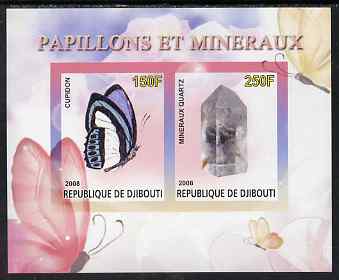Djibouti 2008 Butterflies & minerals #1 imperf sheetlet containing 2 values unmounted mint, stamps on butterflies, stamps on minerals