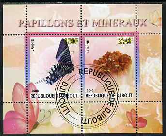 Djibouti 2008 Butterflies & minerals #2 perf sheetlet containing 2 values fine cto used, stamps on butterflies, stamps on minerals