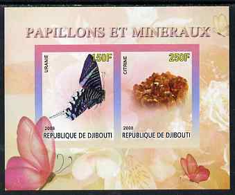 Djibouti 2008 Butterflies & minerals #2 imperf sheetlet containing 2 values unmounted mint, stamps on butterflies, stamps on minerals