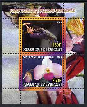 Djibouti 2008 Hummingbirds & Orchids #1 perf sheetlet containing 2 values unmounted mint, stamps on birds, stamps on hummingbirds, stamps on orchids, stamps on flowers