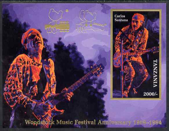 Tanzania 1994 25th Anniversary of Woodstock imperf m/sheet (on card) showing Carlos Santana unmounted mint, stamps on personalities, stamps on music, stamps on rock, stamps on pops, stamps on hendrix