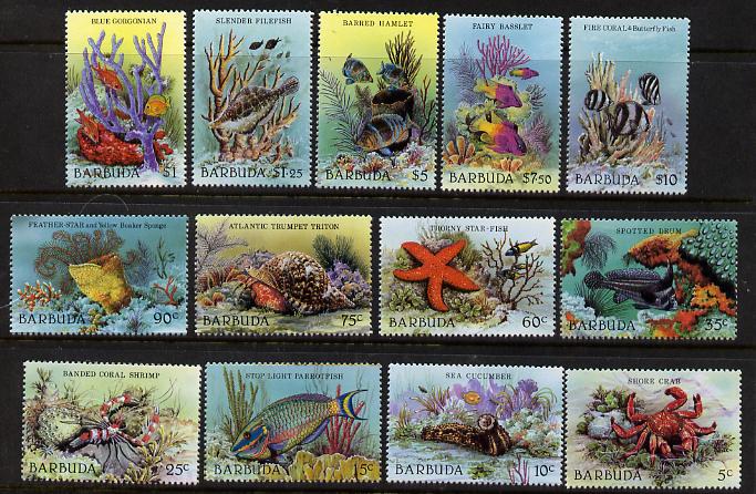Barbuda 1987 Marine Life definitive set of 13 values complete (SG 960-72) unmounted mint, stamps on marine-life      fish     crab    coral