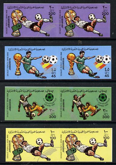 Libya 1982 Football World Cup set of 4 each in imperf pairs overprinted with part Football symbol in silver unmounted mint SG 1180-83var, stamps on football