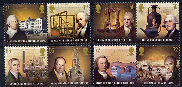 Great Britain 2009 Pioneers of the Industrial Revolution perf set of 8 (4 se-tenant pairs) unmounted mint , stamps on personalities, stamps on pottery, stamps on wedgwood, stamps on textiles, stamps on canals, stamps on bridges, stamps on roads, stamps on railways, stamps on scots, stamps on scotland