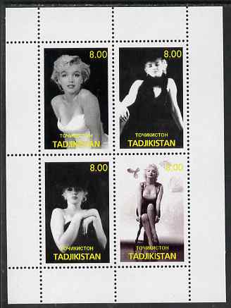 Tadjikistan 2000 Marilyn Monroe perf sheetlet containing 4 values (black & white) unmounted mint, stamps on music, stamps on entertainments, stamps on marilyn monroe, stamps on films, stamps on cinema, stamps on personalities