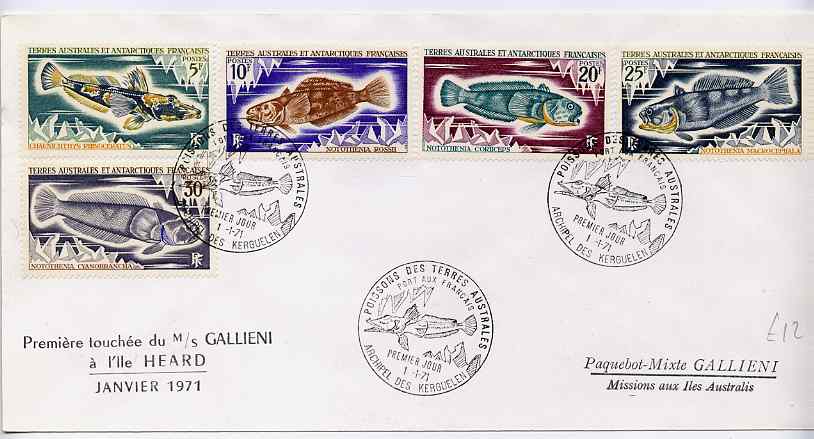 French Southern & Antarctic Territories 1971 Fish the five values issued on 1 Jan on MS Gallieni cover with illustrated first day cancel, SG 61-3 & 65-6, stamps on fish