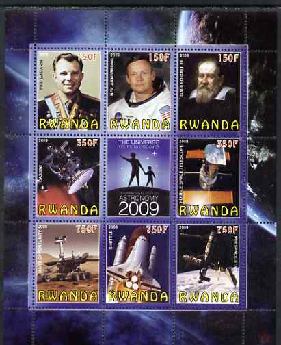 Rwanda 2009 International Year of Astronomy perf sheetlet containing 9 values unmounted mint, stamps on personalities, stamps on spaceshuttle, stamps on galileo, stamps on  mir , stamps on 