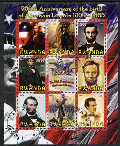 Rwanda 2009 200th Birth Anniversary of Abraham Lincoln perf sheetlet containing 9 values fine cto used, stamps on personalities, stamps on lincoln, stamps on flags, stamps on usa presidents, stamps on americana, stamps on 