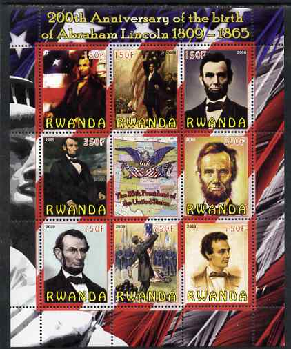 Rwanda 2009 200th Birth Anniversary of Abraham Lincoln perf sheetlet containing 9 values unmounted mint, stamps on personalities, stamps on lincoln, stamps on flags, stamps on usa presidents, stamps on americana, stamps on 