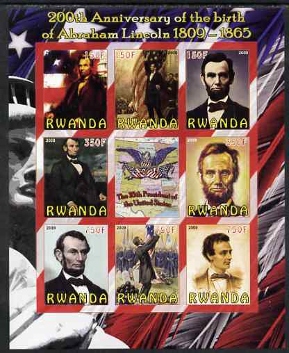 Rwanda 2009 200th Birth Anniversary of Abraham Lincoln imperf sheetlet containing 9 values unmounted mint, stamps on personalities, stamps on lincoln, stamps on flags, stamps on usa presidents, stamps on americana, stamps on 