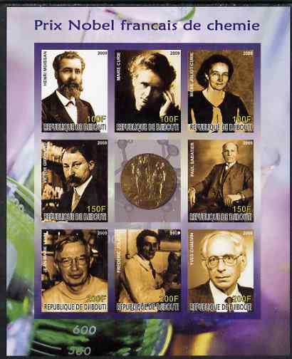 Djibouti 2009 French Nobel Prize Winners for Chemistry imperf sheetlet containing 9 values unmounted mint, stamps on , stamps on  stamps on personalities, stamps on  stamps on nobel, stamps on  stamps on women, stamps on  stamps on curie, stamps on  stamps on science, stamps on  stamps on chemistry, stamps on  stamps on medical