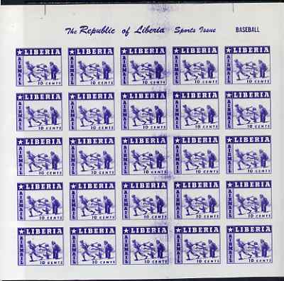 Liberia 1955 Baseball 10c imperf proof of blue printing only as SG 759 Complete sheet of 25 on ungummed paper (reverse shows red printing of 3c Tennis stamp SG 756), stamps on sport, stamps on tennis, stamps on baseball