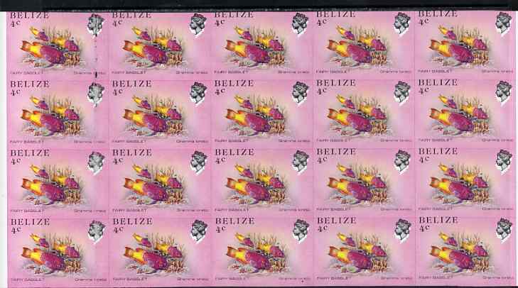 Belize 1984-88 Fairy Basslet 4c def spectacular imperf block of 20 showing superb 2mm shift of black (as SG 769) very fine double variety unmounted mint, stamps on fish, stamps on marine life