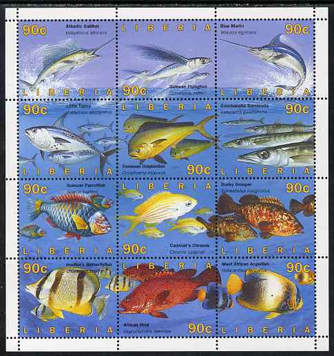 Liberia 1996 Fish perf sheetlet containing 12 values unmounted mint, stamps on fish, stamps on gamefish