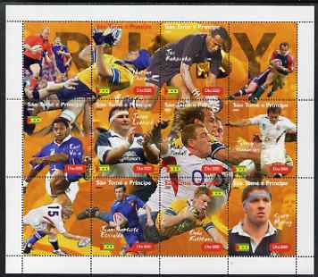 St Thomas & Prince Islands 2004 Rugby perf sheetlet containing 9 values plus 3 labels, unmounted mint. Note this item is privately produced and is offered purely on its t..., stamps on sport, stamps on rugby