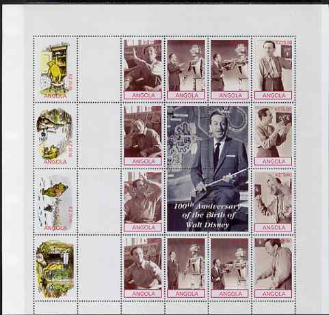 Angola 2001 Birth Centenary of Walt Disney perf sheetlet containing 12 values, se-tenant with Pooh Bear sheetlet of 4 values from uncut proof sheet, scarce thus, stamps on personalities, stamps on films, stamps on cinema, stamps on entertainments, stamps on disney, stamps on millennium, stamps on bears