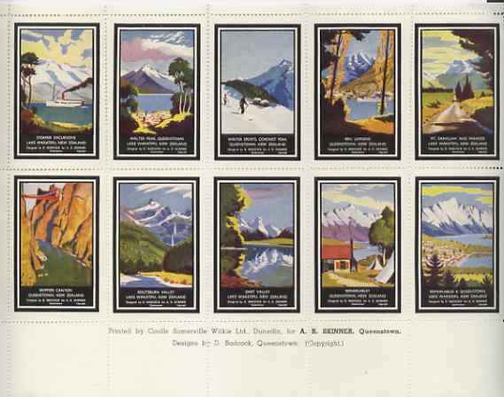 Cinderella - New Zealand 1940s Publicity Tourism sheetlet containing 10 labels printed by Coulls Somerville Wilkie for A R Skinner, perforated and unmounted mint, stamps on tourism