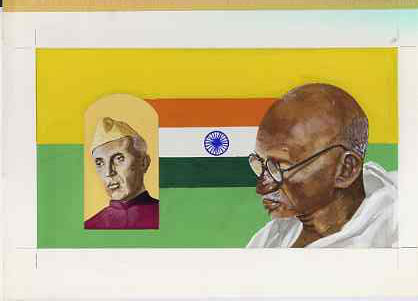 Chad 2009 Mahatma Gandhi original hand-painted artwork for 500F value showing portrait of Gandhi with Nehru & Indian Flag, on board 9 x 5 inches, without overlay , stamps on gandhi    personalities, stamps on  law , stamps on flags , stamps on law