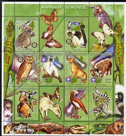 Madagascar 1999 Animals of the World perf sheetlet #1 containing 9 values (with Scout, Rotary & Lions Int Logos) plus 3 labels, unmounted mint. Note this item is privatel..., stamps on animals, stamps on rotary, stamps on scouts, stamps on lions int, stamps on birds, stamps on birds of prey, stamps on owls, stamps on butterflies, stamps on lemurs, stamps on apes, stamps on turtles, stamps on crocodiles, stamps on 