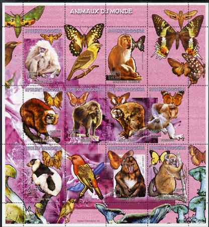 Madagascar 1999 Animals of the World perf sheetlet #2 containing 9 values plus 3 labels, unmounted mint. Note this item is privately produced and is offered purely on its..., stamps on animals, stamps on birds, stamps on butterflies, stamps on lemurs, stamps on apes, stamps on fungi, stamps on , stamps on 