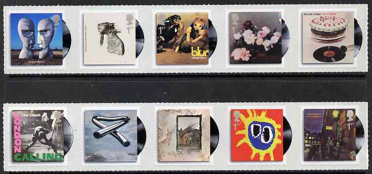 Great Britain 2010 Classic Album Covers self adhesive set of 10 (2 strips of 5) unmounted mint, stamps on music, stamps on rock, stamps on rolling stones, stamps on self adhesive