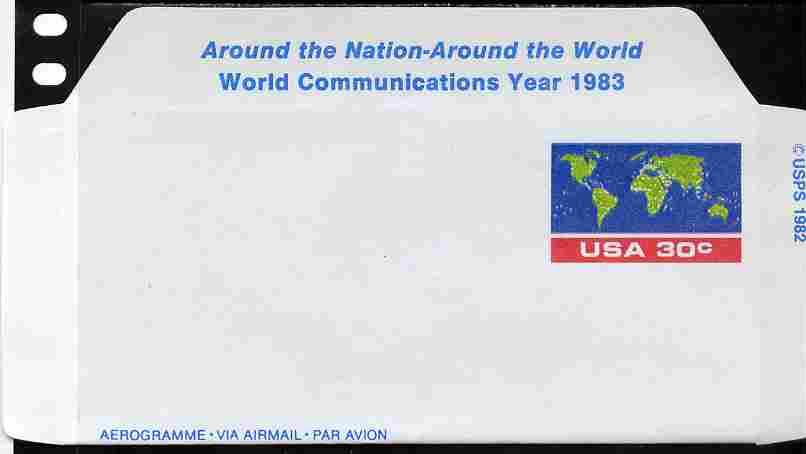 Aerogramme - United States 1982 World Communications Year 30c air-letter sheet (Map of the World) folded along fold lines otherwise unused and fine, stamps on maps, stamps on communications, stamps on satellites