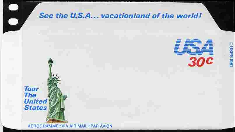 Aerogramme - United States 1981 Vacationland of the World 30c air-letter sheet (Statue of Liberty in green) folded along fold lines otherwise unused and fine, stamps on statue of liberty, stamps on tourism, stamps on ships, stamps on bridges, stamps on 