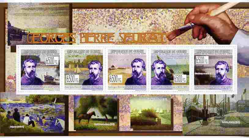 Guinea - Conakry 2009 Paintings by Georges Seurat perf sheetlet containing 5 values unmounted mint, stamps on arts, stamps on seurat