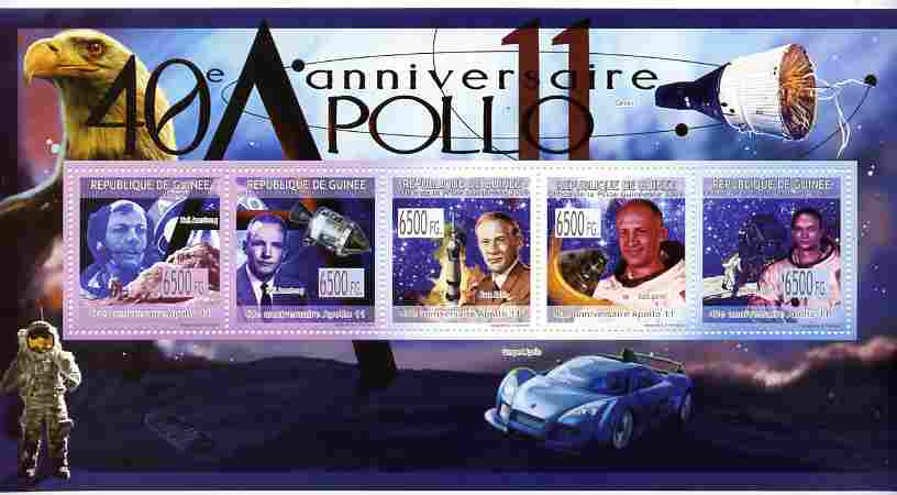 Guinea - Conakry 2009 40th Anniversary of Apollo 11 perf sheetlet containing 5 values unmounted mint, stamps on space, stamps on apollo, stamps on cars, stamps on birds of prey, stamps on eagles