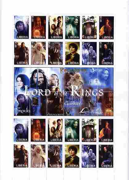 Liberia 2010 Lord of the Rings large perf sheet containing 24 stamps (2 sets of 12) plus central label, stamps on films, stamps on movies, stamps on literature, stamps on fantasy, stamps on entertainments, stamps on 