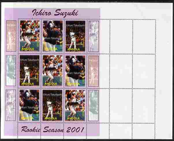 Angola 2001 Baseball Rookie Season - Ichiro Suzuki proof sheet of 9 with purple border and different images to the issued design, printed on pre-perforated sheet of 18 (slight creasing on the corners) each stamp has the photographer's name across the centre, unmounted mint and one of only 3 sheets so produced, stamps on personalities, stamps on sport, stamps on baseball