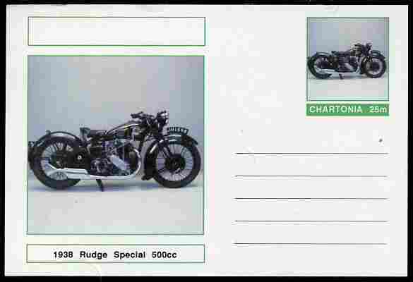 Chartonia (Fantasy) Motorcycles - 1938 Rudge Special 500cc postal stationery card unused and fine, stamps on transport, stamps on motorbikes, stamps on 
