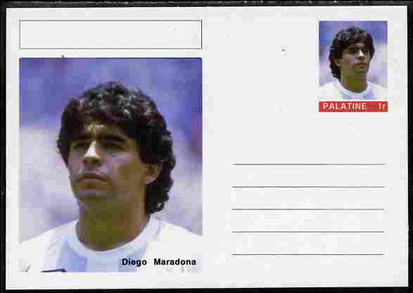 Palatine (Fantasy) Personalities - Diego Maradona (football) postal stationery card unused and fine, stamps on personalities, stamps on football, stamps on drugs