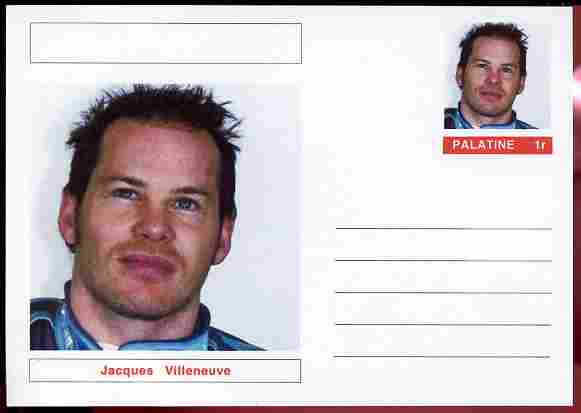 Palatine (Fantasy) Personalities - Jacques Villeneuve (F1 driver) postal stationery card unused and fine, stamps on personalities, stamps on sport, stamps on racing cars, stamps on cars, stamps on  f1 , stamps on formula 1, stamps on 