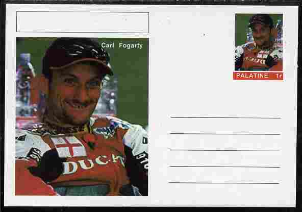 Palatine (Fantasy) Personalities - Carl Fogarty (motorbikes) postal stationery card unused and fine, stamps on personalities, stamps on sport, stamps on motorbikes