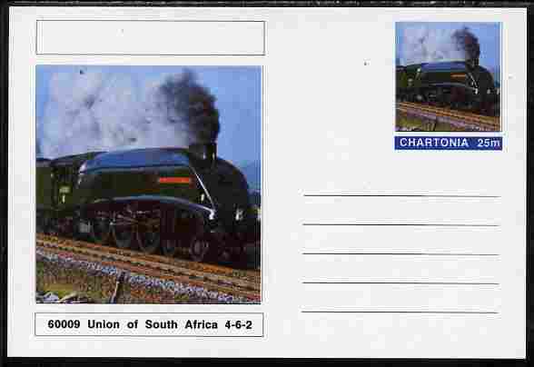Chartonia (Fantasy) Railways - Class A4 Pacific 4-6-2 No 60009 Union of South Africa postal stationery card unused and fine, stamps on transport, stamps on railways